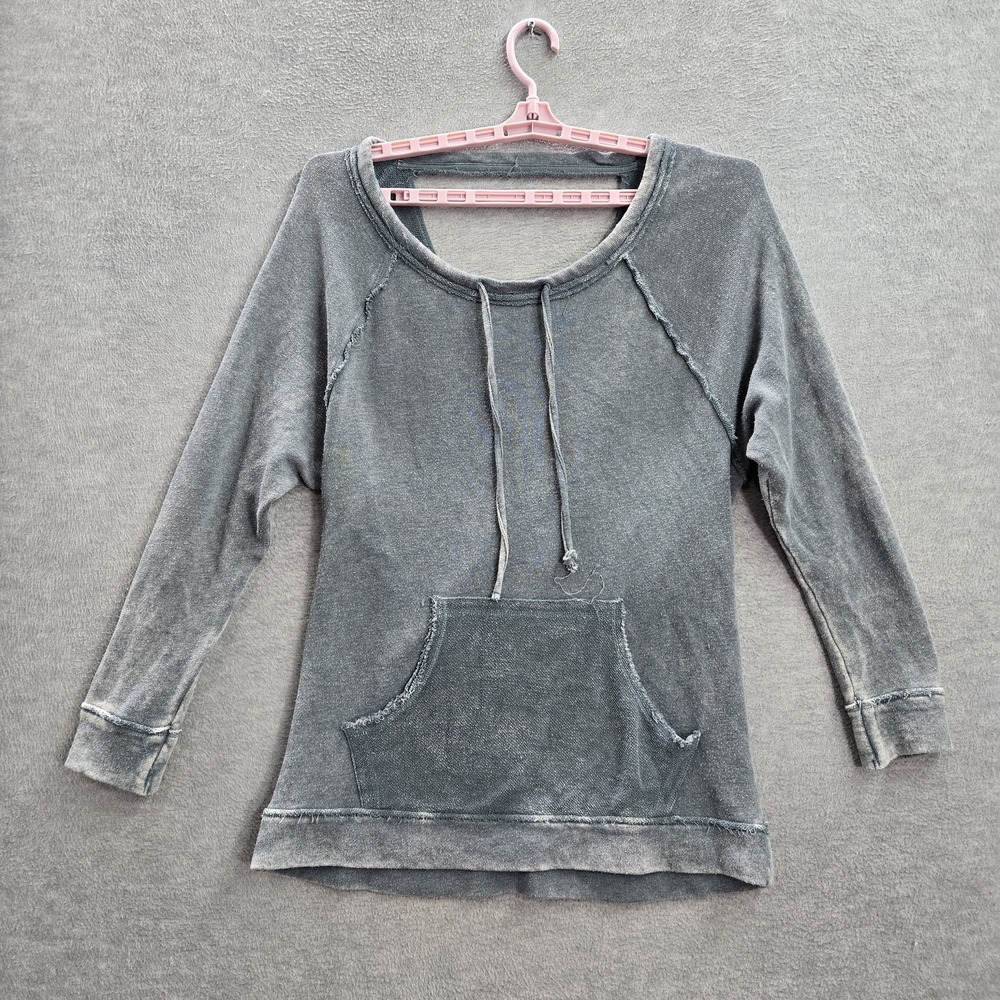 Free People Womenβ Sweatshirt Small Blue Distressed Open Back Faux Wrap Pullover